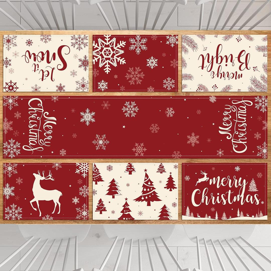 7Pcs Christmas Table Runners Placemats,Red & White Snowflake Merry Christmas Table Runner Reindeer Snowflake Xmas Tree Let It Snow Table Mat Set for Christmas Winter Holiday New Year Table Decoration