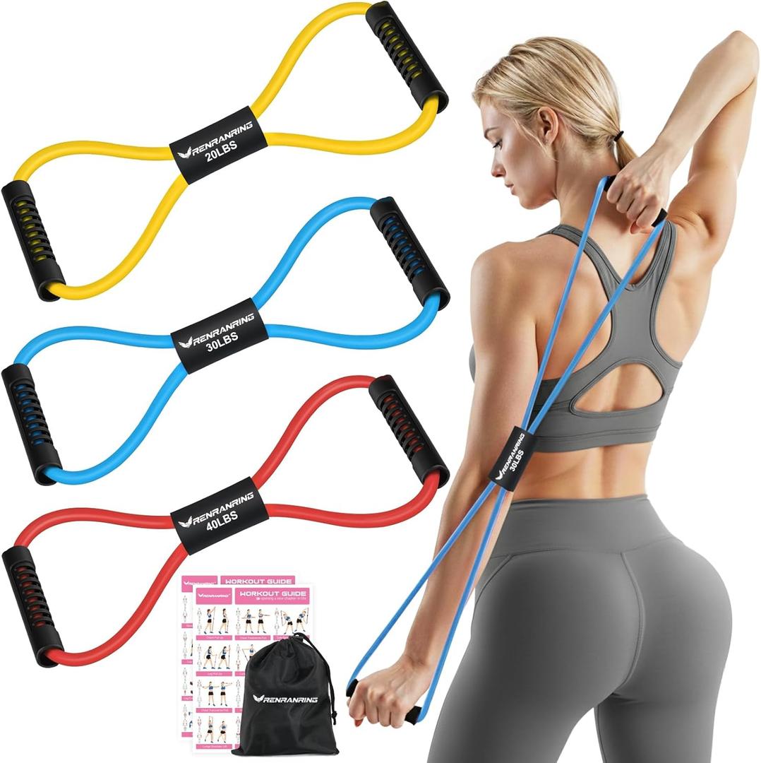 RENRANRING Figure 8 Fitness Resistance Bands with Handles - Exercise Tube Band Set of 3 for Arm and Shoulder Stretch, Rope 8 Word Elastic for Women and Men (Yellow, Blue, Red)