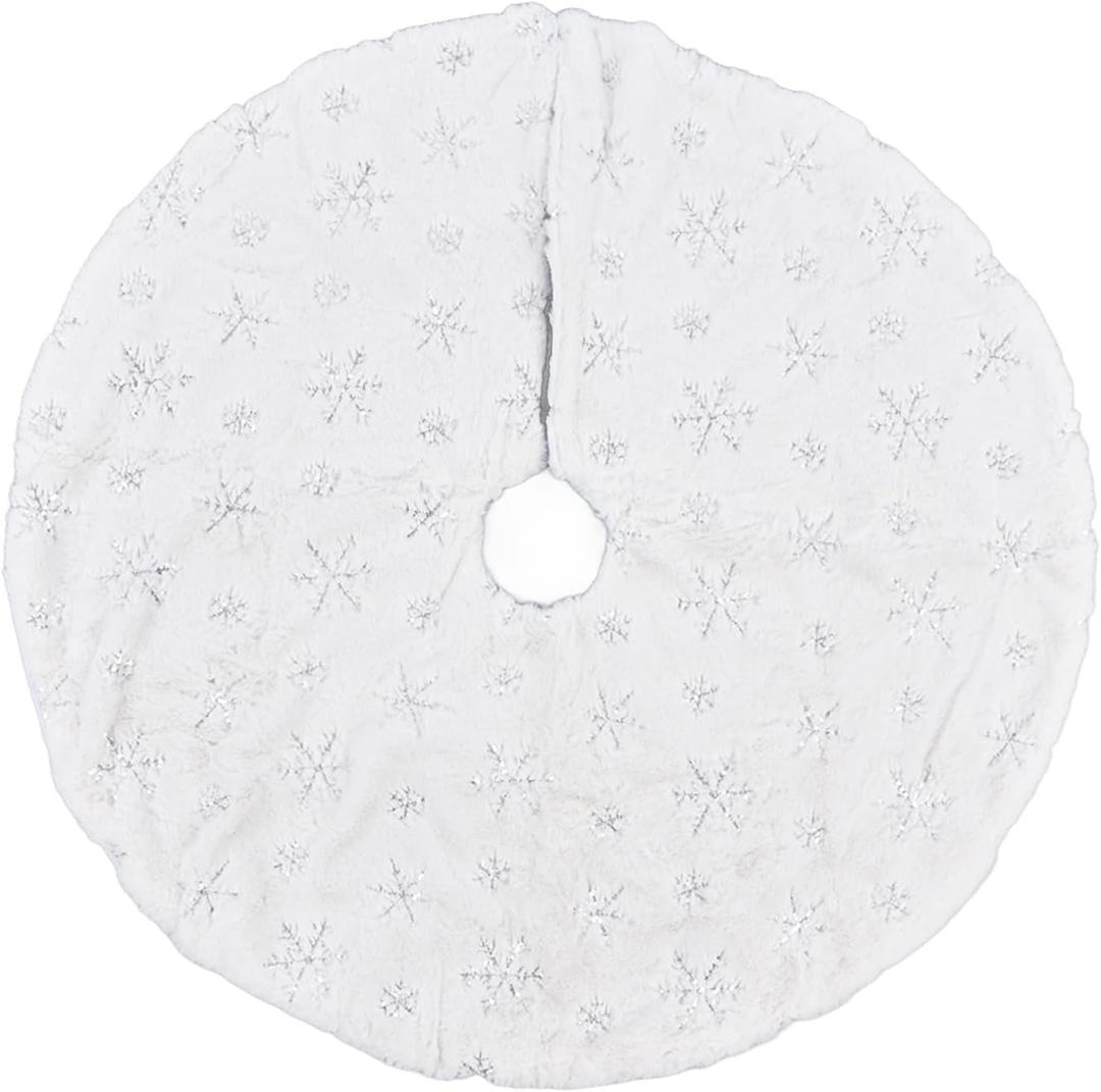 Christmas Tree Skirt 35in Plush Tree White Standing Mat Pad with Snowflake for Xmas Holiday Decoration