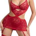 Gleeneat Lingerie Sets for Women Sexy Outfits Babydoll Bodysuit See Through Sheer Mesh Lace Boudoir 3 Piece Lingerie with Garter Belt Stockings Valentines Days Two Piece Red, Large 