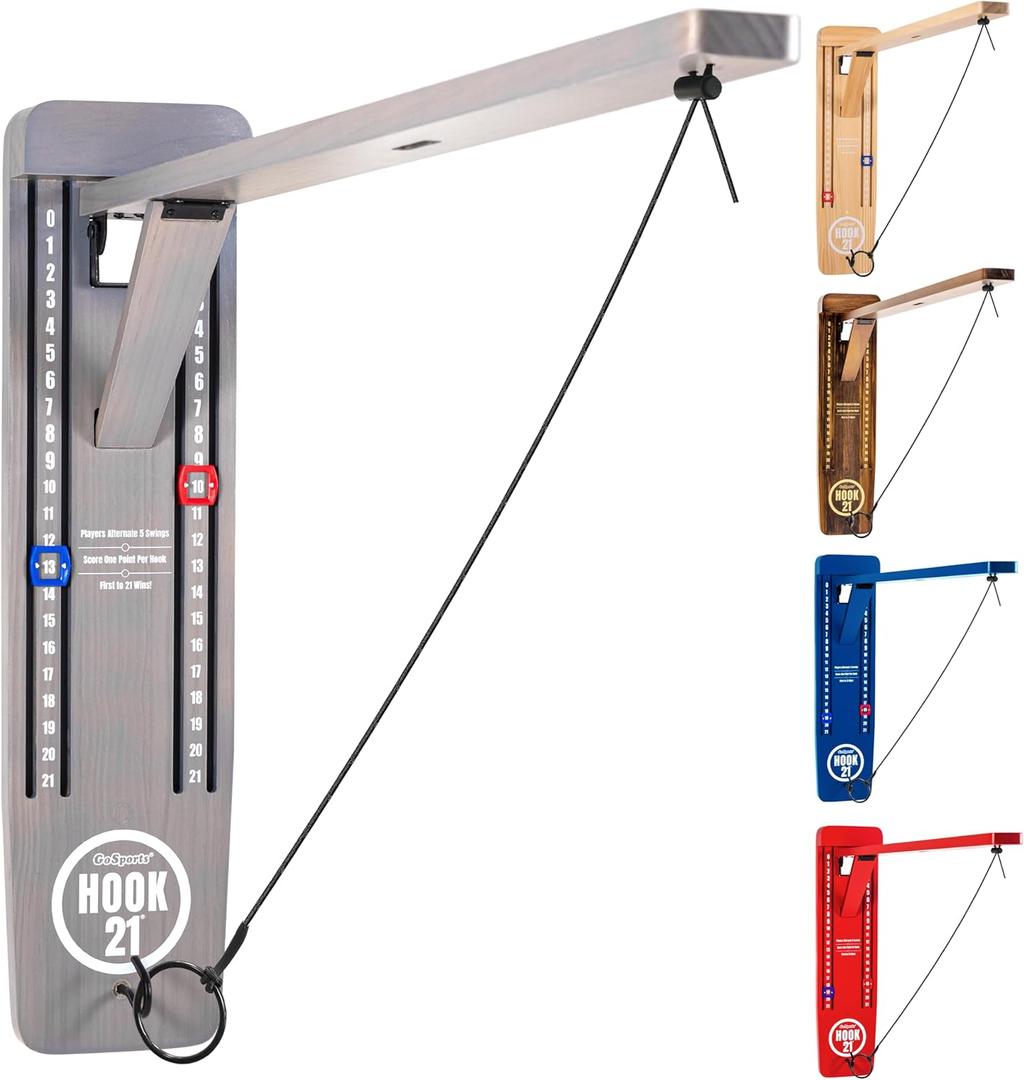 GoSports Hook 21 Wall Mount Ring Swing Game - Play Indoors or Outdoors with Foldable Arm (Gray)
