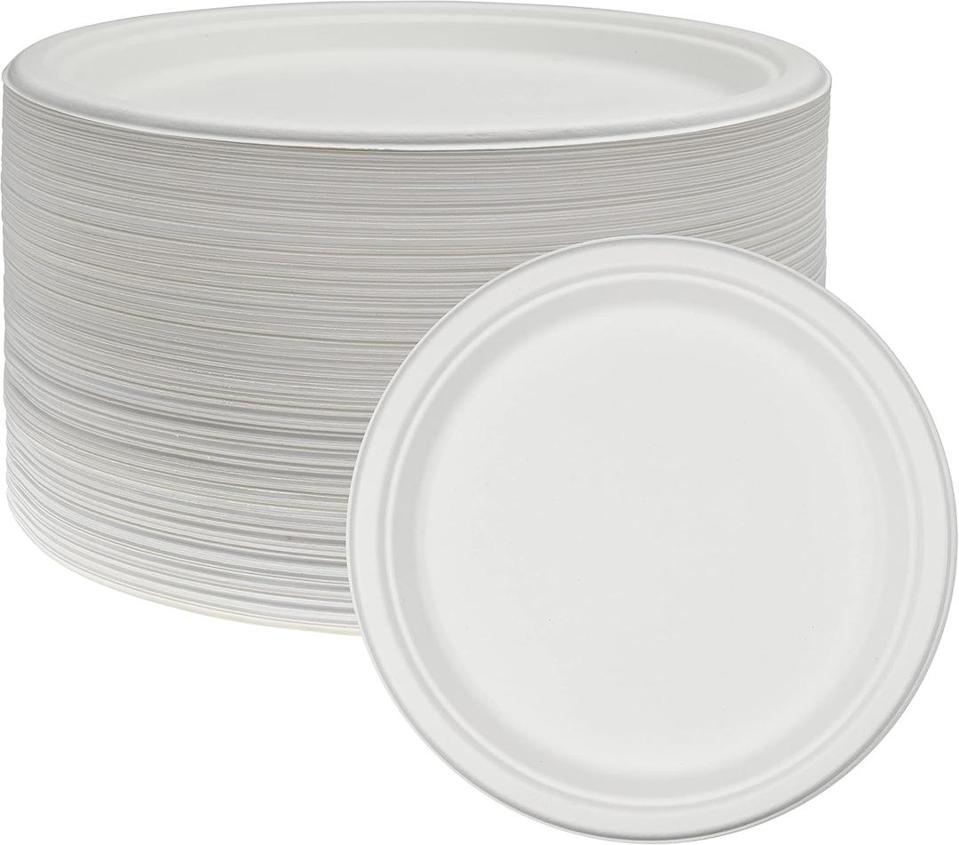 NYHI 125 Pack Compostable 10 Inch Heavy Duty Paper Disposable Plates Bulk For Adults Kids White Sugarcane Plates Cut Leak Resistant Compostable
