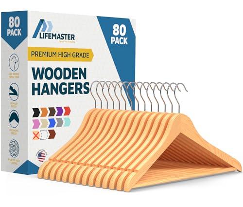 Lifemaster Wooden Hanger Set - 80 Pieces Non-Slip Versatile Closet Space-Saving Hanger Set for Suit, Coat, Camisole, Jacket, Pants, and Dresses with Rotating Swivel Hook - Natural Wood