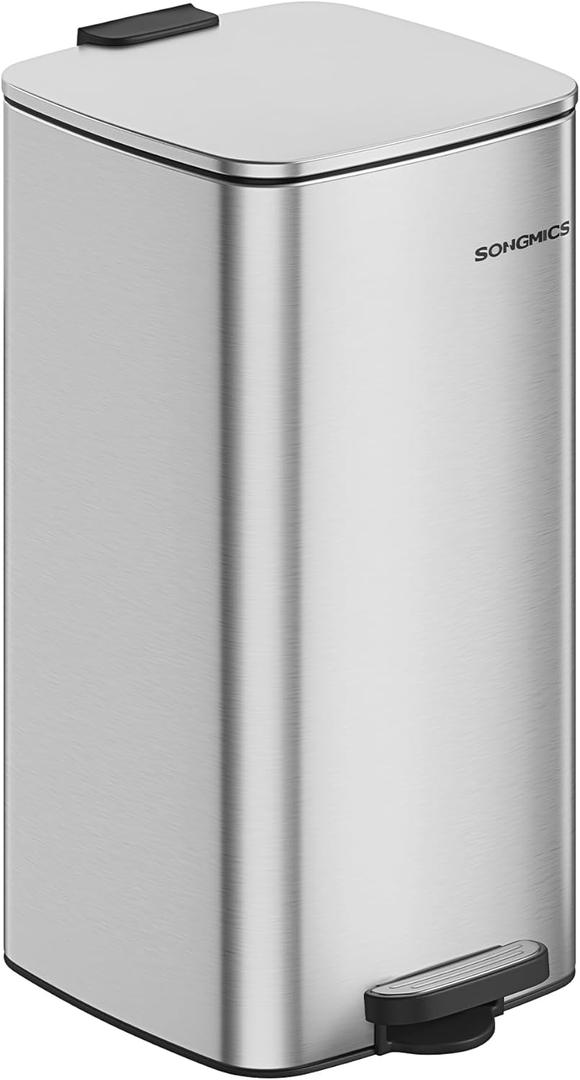 SONGMICS Kitchen Can, 8-Gallon (30 L) Bin, Stainless Steel Garbage Can, Soft Close and Stays Open, Metallic Silver ULTB593E01