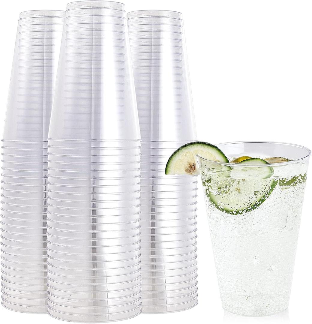 FOCUSLINE 100 Pack 14 oz Clear Plastic Cups, Disposable Cups Large Reusable Plastic Tumblers, Heavy-duty Clear Cups 14 Ounce for Wedding Party, Thanksgiving, Halloween, Christmas