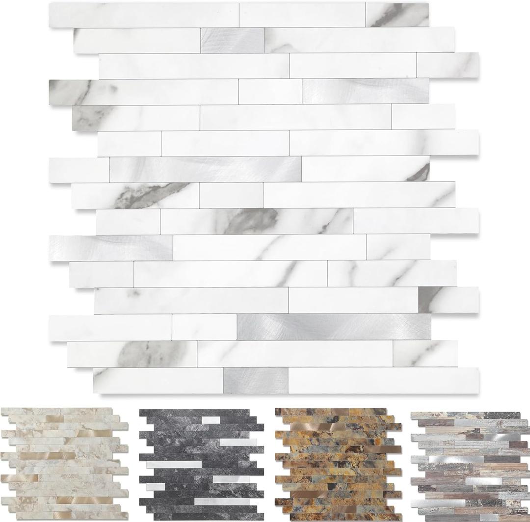 Yipscazo 20 Sheets Peel and Stick Stone Metal Tile Backsplash, Stick on Tiles for Backsplash Kitchen, Bathroom, Laundry Room, Camper, Fireplace (12'' X 12'', Marble White Metal)