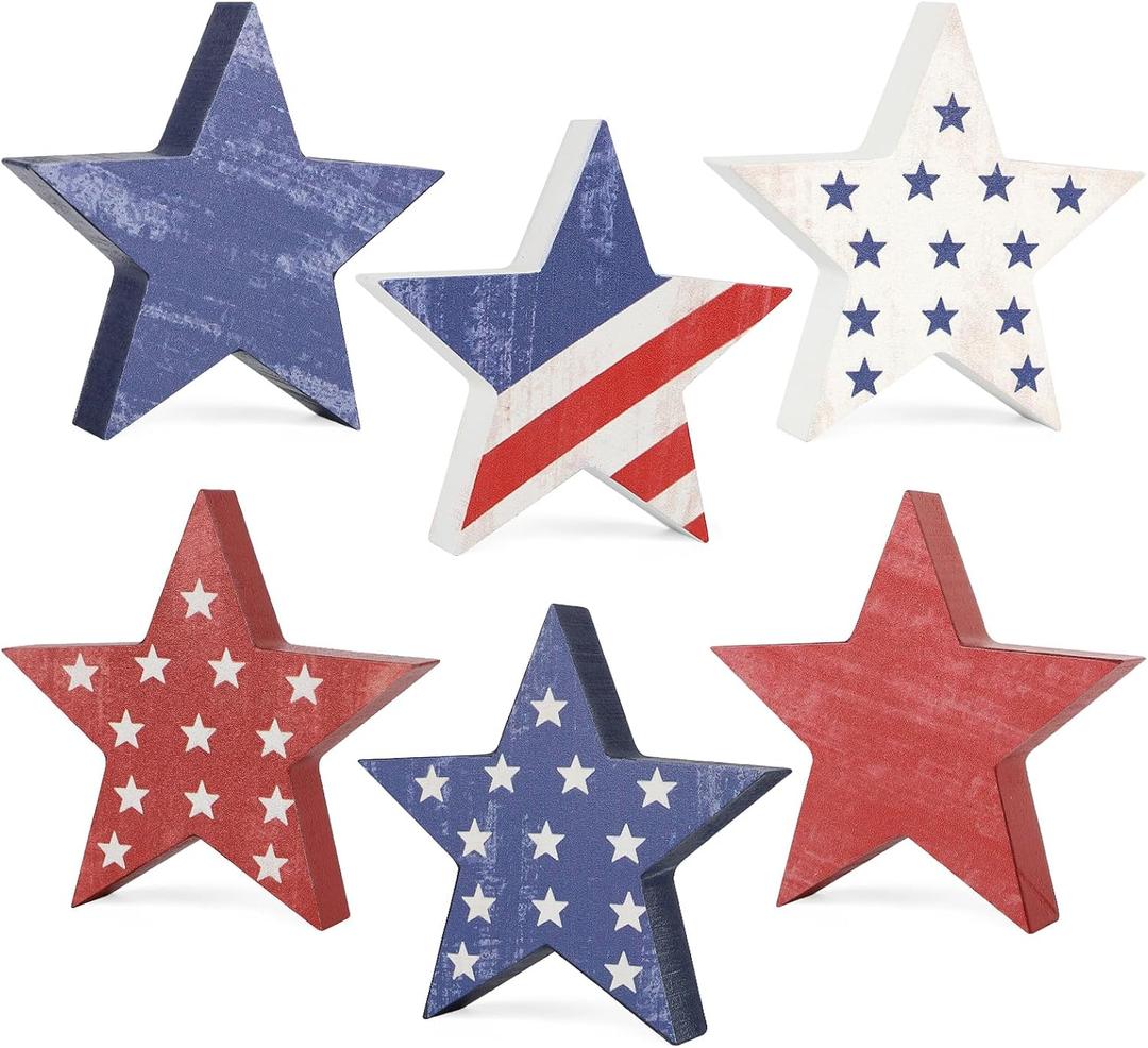COCHIE 4th of July Decorations Wooden Star Set of 6, Labor Day Decor, Patriotic Memorial Day Tiered Tray Decor, Red White and Blue Veterans Day Decorations for Home Office Table Shelf (Vintage)
