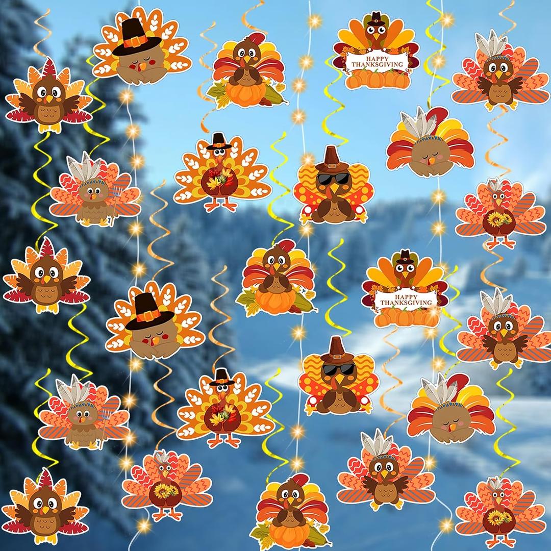 33Pcs Thanksgiving Decorations Hanging Swirls Turkey Hanging Decorations with Lights for Thanksgiving Party Home Office Classroom Indoor Decor