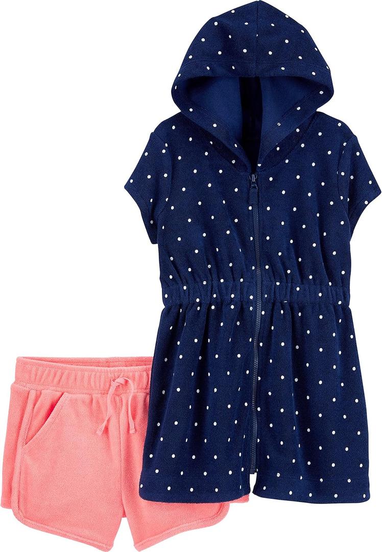 Simple Joys by Carter's Girls Hooded Cover-up and Shorts (6-9 Months, Navy Dots/Pink)