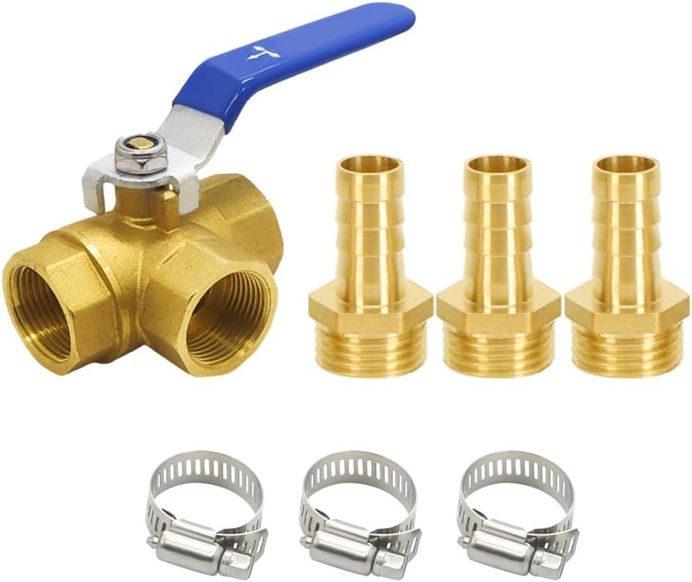 3 Way (T-Port) Brass 1/2" Hose Barb Forged Ball Valve 1/2" GFemale Thread with Lever Handle