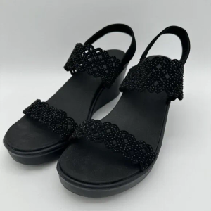 Skechers Womens Black Wedge Sandals With Beaded Straps Size 7