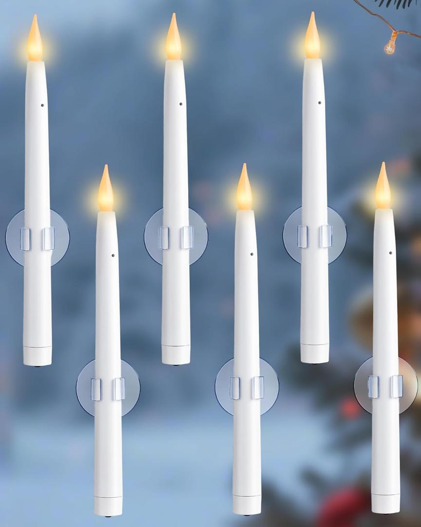 10.5" Window Candles Battery Operated with Suction Cups, Dusk to Dawn LED Flickering Candle Lights for Window, Flameless Taper Candlesticks for Christmas Holiday Decor, 6 Pack, White