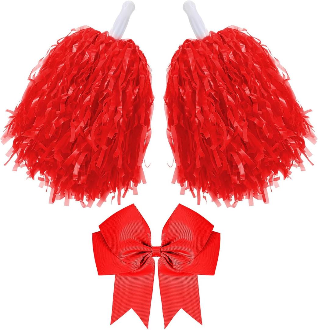Hotop 3 Pcs 10 in Cheerleading Pom Poms and Large Cheerleader Hair Bow Cheer Pompoms Cheerleading Accessories for Sport Events Dance Party Basketball Football Team(Red,Classic)