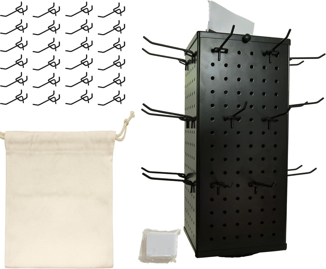 Rotating Pegboard Display Stand with 24 Hooks, Removable Top, Signboard, Canvas Carry Bag & Pricing Cards  Portable 4-Sided Metal Spinner for Jewelry & Craft Shows  All-in-One Vendor Display Kit