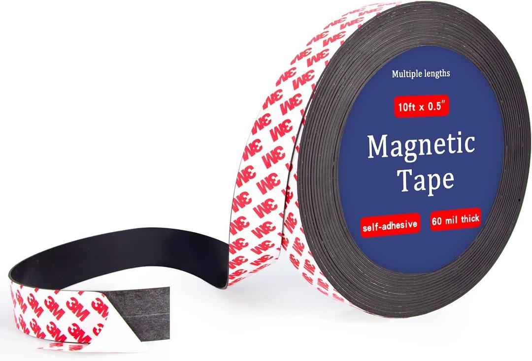 10 Feet x1/2 in Magnetic Tape Strips Roll with 3M Adhesive Backing, Flexible Sticky Magnet Tape for Lightweight Craft DIY Projects, Whiteboards and Fridge Organization (0.06" Thick)