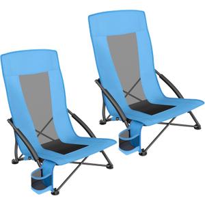 SONGMICS Set of 2 Portable Beach Chairs for Adults, Max. Load 330 lb Each, High Backrest, Cup Holder, Lightweight, Heavy-Duty, Light Blue UGCB067Q01V1