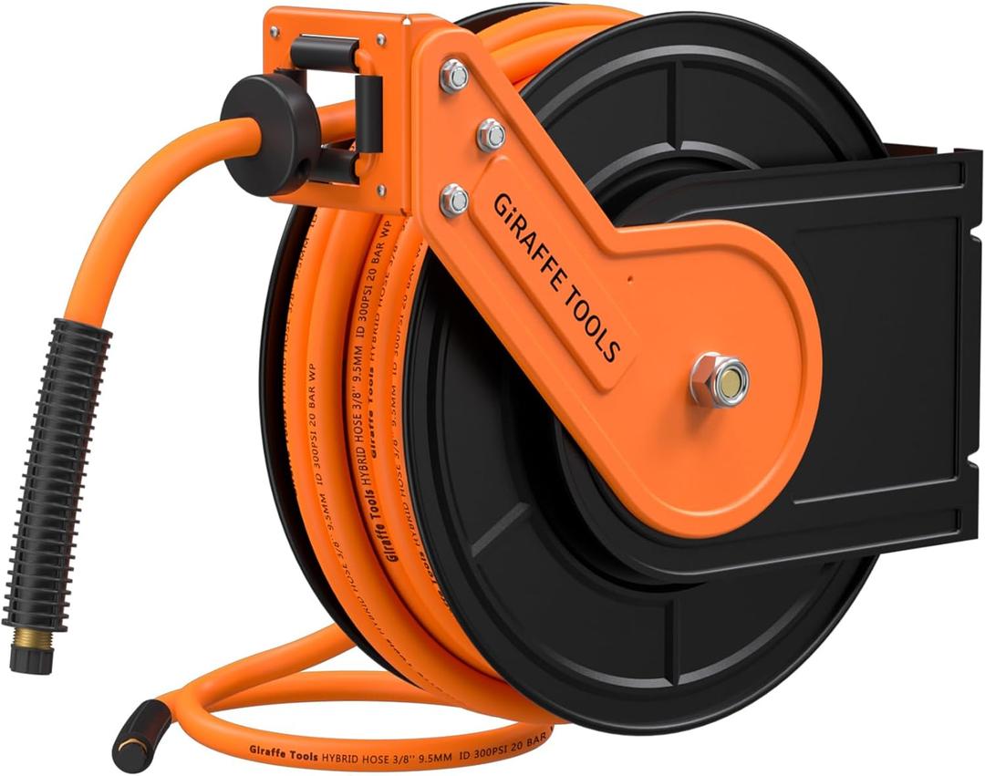 Giraffe Tools Retractable Air Hose Reel, 3/8" Hybrid Hose, Air Compressor Heavy Duty Steel Reel Auto Rewind 300PSI, Wall Mount, 25ft