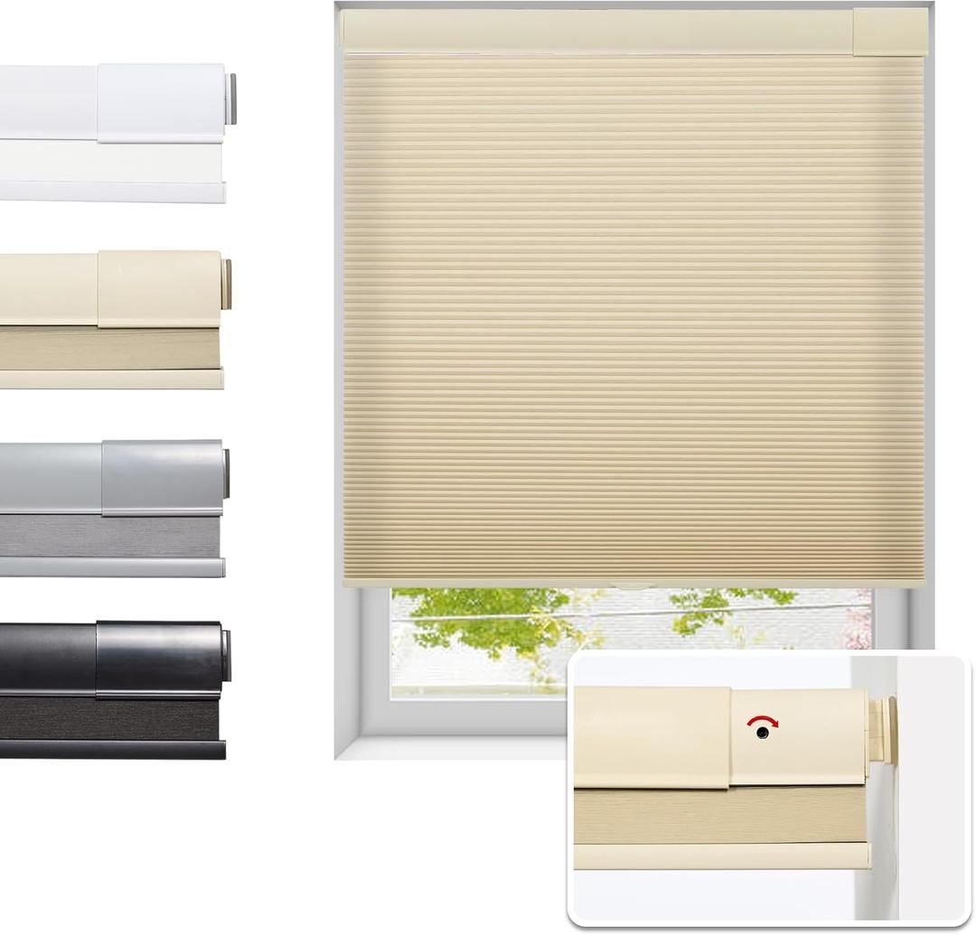 Tonature No Drill Cellular Shades for Indoor Windows, Thermal Insulating & Noise Reducing Honeycomb Blinds, Free Stop Cordless Light Filtering Shades, Beige,27 1/2" W x 64" H