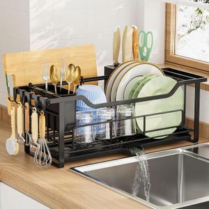Narrow Dish Drying Rack for Kitchen Counter Auto Drain Iron Dish Drainer with Removable Cutlery Basket, Black