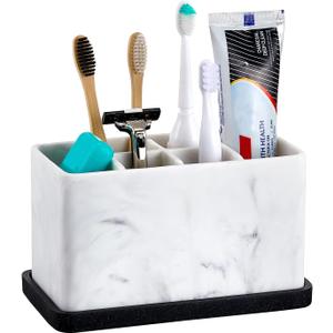 ZCCZ Marble Look Toothbrush Holder for Bathroom Countertop Organizer, Holds Toothpaste, Dental Floss, Razor, Comb, Makeup Brushes, and More, Stylish Bathroom Accessory for Tooth Brushing Essentials (1. White Marble)