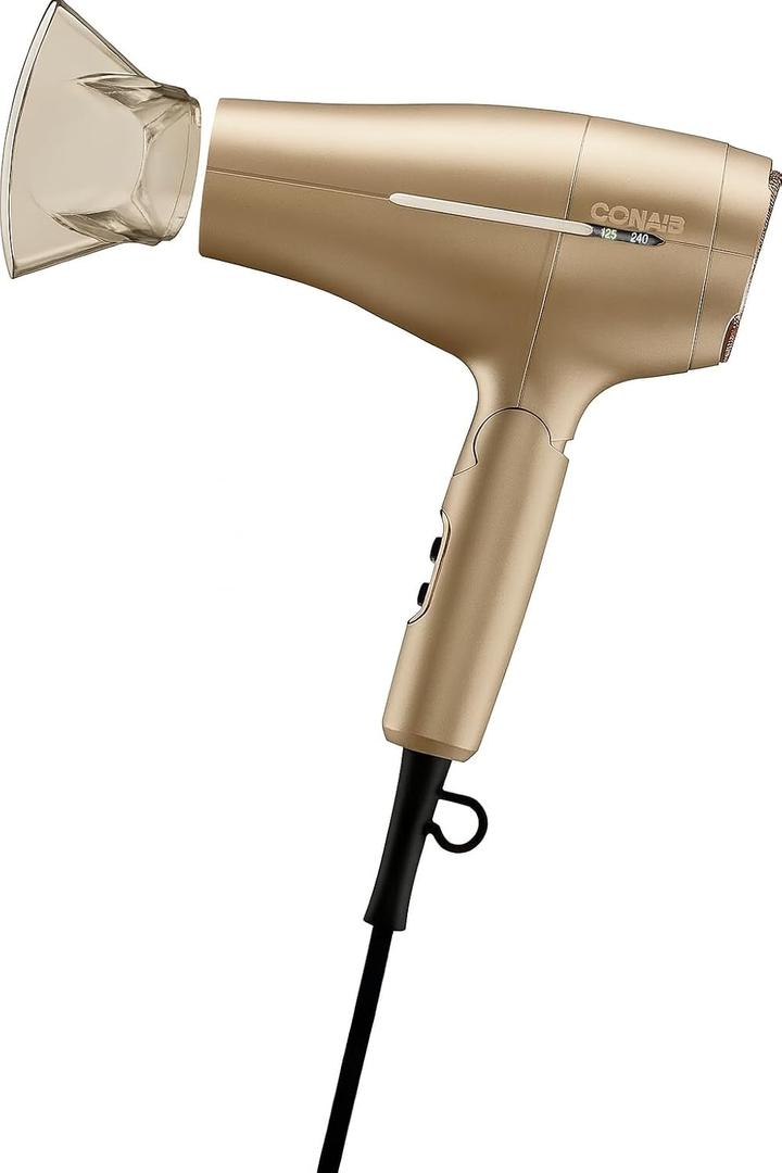 Conair 1875W Worldwide Travel Hair Dryer Dual Voltage, Folding Handle, Ionic Technology Champagne Compact Travel Blow Dryer for International Use