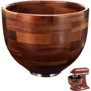 Wood Mixing Bowl for KitchenAid, 5QT Natural Acacia Wooden Bowl Compatible with KitchenAid 4.5&5 QT Tilt-Head Stand Mixer, with Stainless Steel Locking Base, for Baking & Mixing