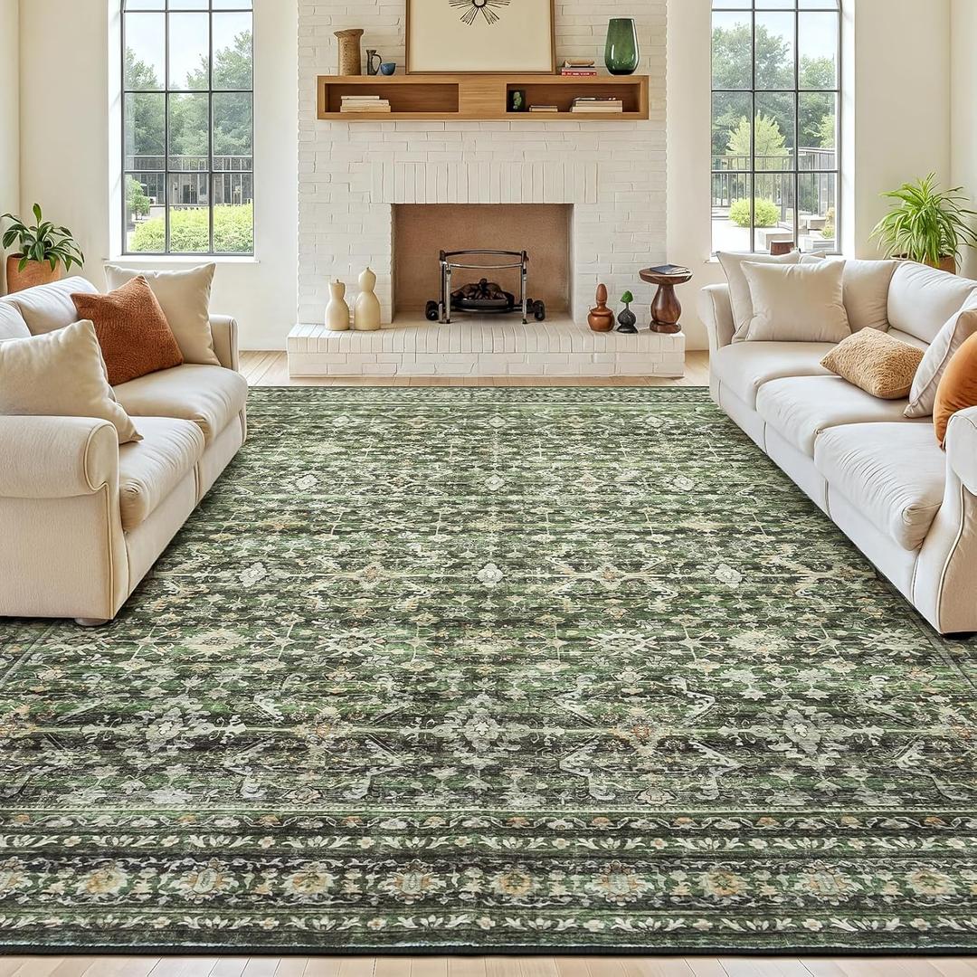 10x14 Area Rugs for Living Room, Green Washable Non-Slip Large Carpet