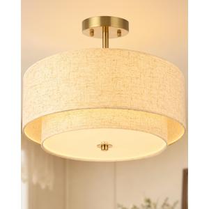 16" Double Drum Ceiling Light, 3-Light Brushed Gold Semi Flush Mount Chandelier, Dimmable Pendant Lamp with Classic Fabric Linen Shade for Bedroom Living Room Dining Room Kitchen Hallway