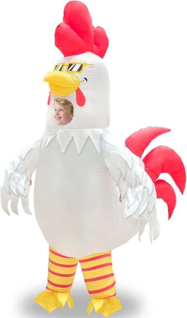 Camlinbo Halloween White Rooster Inflatable Costume, Funny Chicken Wearing Sunglasses Full Body Blow Up Costumes for Kids Boys Girls, Visible Face Halloween Inflatable Costume for Cosplay Party, One size
