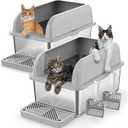 2 Pack 8" Deep Stainless Steel Litter Box with Lid, Extra Large & Deep Stainless Steel Cat Litter Box for Multipul Cats, Metal Litter Pan with Anti-Leakage High Wall, Litter Pan Easy Cleaning