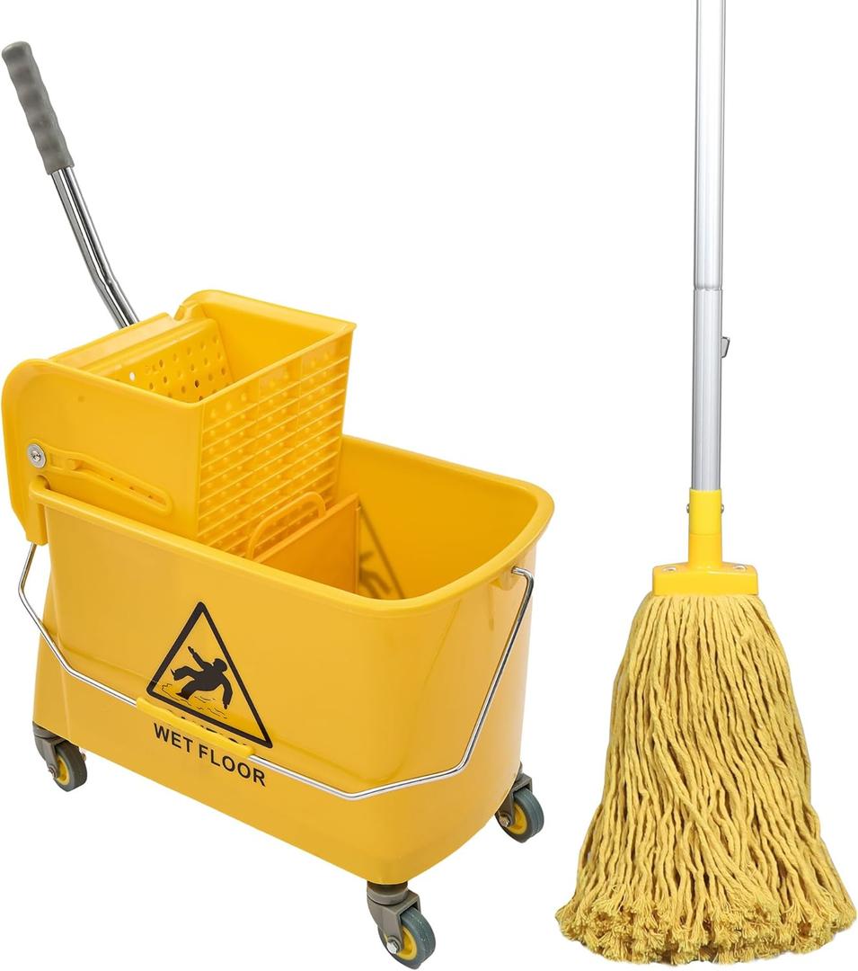 Mop Bucket with Wringer, 22 Qt (5.5 Gallon), Floor Cleaning, Handle, Wheels, 16.5" L x 10.6" W x 26.4" H, Yellow,Plus One Cotton Mop