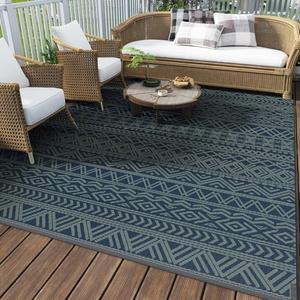 MontVoo Outdoor Rug Carpet Waterproof 5x8 Outdoor Patio Rug Mat Reverisble Plastic Straw Outdoor Rug for RV Camping Picnic Beach Balcony Boho Blue Green