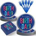 96Pcs Blue Party Decorations for Men Blue Birthday Paper Plates Napkins and Forks Happy Birthday Party Supplies
