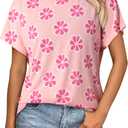 Dokotoo Womens Tops Crewneck Floral Print Short Sleeve Summer T Shirts for Women Casual Loose Fit Blouses (Pink, S)