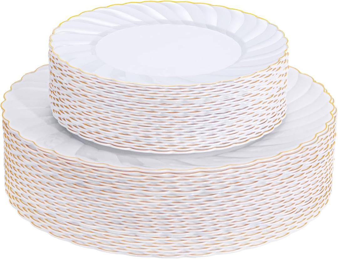 U-QE 60 Pcs White Scalloped Plastic Plates with Gold Trim  Include 30 10.25" Dinner & 30 7.25" Dessert Heavy Duty for Party  Perfect as Wedding Plates, Bridal Showers and Thanksgiving Party