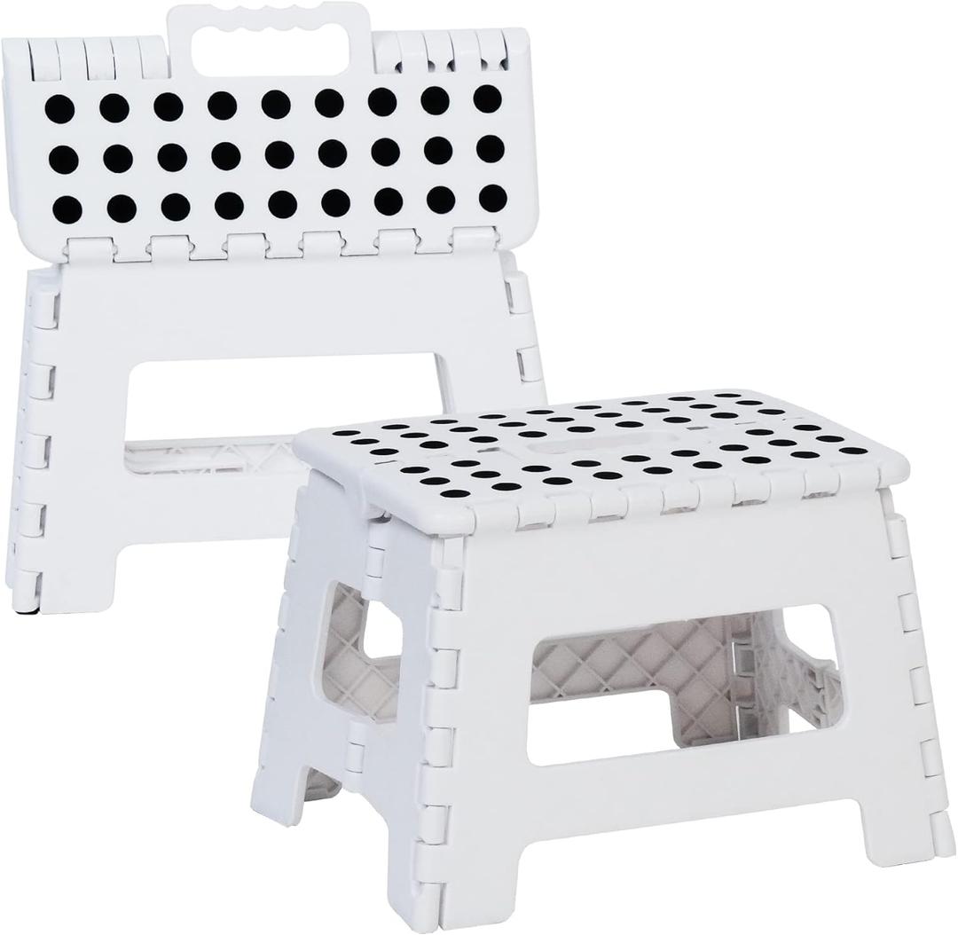 TRY & DO 2 PCS Folding Step Stool 9 Inch Non-Slip Surface Step Stool with Portable Handle for Kids, Adults Bathroom Kitchen Bedroom, Holds up to 300 LBS, White