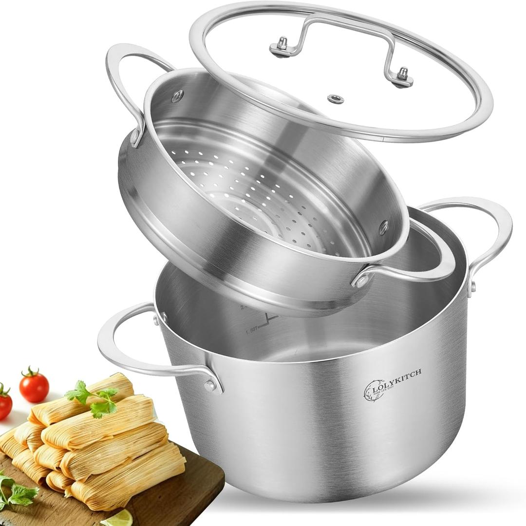 LOLYKITCH 5 Quart Stainless Steel Steamer Pot with Glass Lid, 3-Ply Steaming Pot for Cooking, 2 Tier Induction Steamer Pot for Tamales Seafood Vegetables Dumplings Stock Pot, Thick