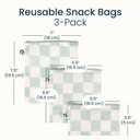Tiny Twinkle Reusable Snack Bags for Kids 3 Pack Snack Pouches & Sandwich Bag for Toddlers Machine Washable, Mess-Proof for Lunch & Travel (Sage Checkers)