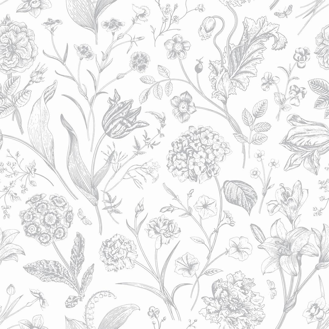 VEELIKE Sketch Grey Floral Peel and Stick Wallpaper Vintage Toile Wallpaper for Bedroom Nursery Powder Room 17.7''x118'' Removable Botanical Flower Wall Paper Self Adhesive Contact Paper for Cabinets (Light Gray)