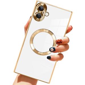 LSL Case for iPhone 16 [Compatible with MagSafe] Soft TPU Bumper Anti-Drop Anti-Scratch Shock Absorption Protective Slim Luxury Plating Magnetic Cover for Women Girls Men - White