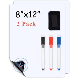 Magnetic Fridge White Board Paper, 8" x 12" 2 Pack Small Dry Erase Board Sheet for Organizer and Planner, Kitchen Refrigerator Whiteboard for Family to-do List, Includes Markers and Eraser