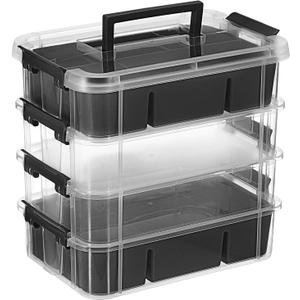 JUXYES 4-Tiers Stack Carry Storage Box With 2 Divided Tray, Transparent Stackable Storage Bin With Handle Lid Latching Storage Container for School & Office Supplies, Black
