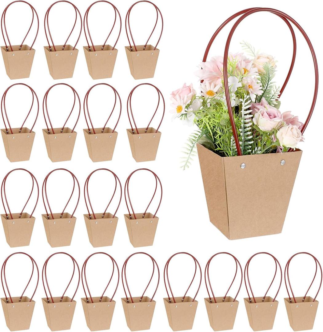 Pafeooui 20 Pack Paper Flower Gift Bags, Waterproof Bouquet Bags with Handles for Birthday, Wedding, Party Favors Brown 3.15x3.15x4.92 Inch