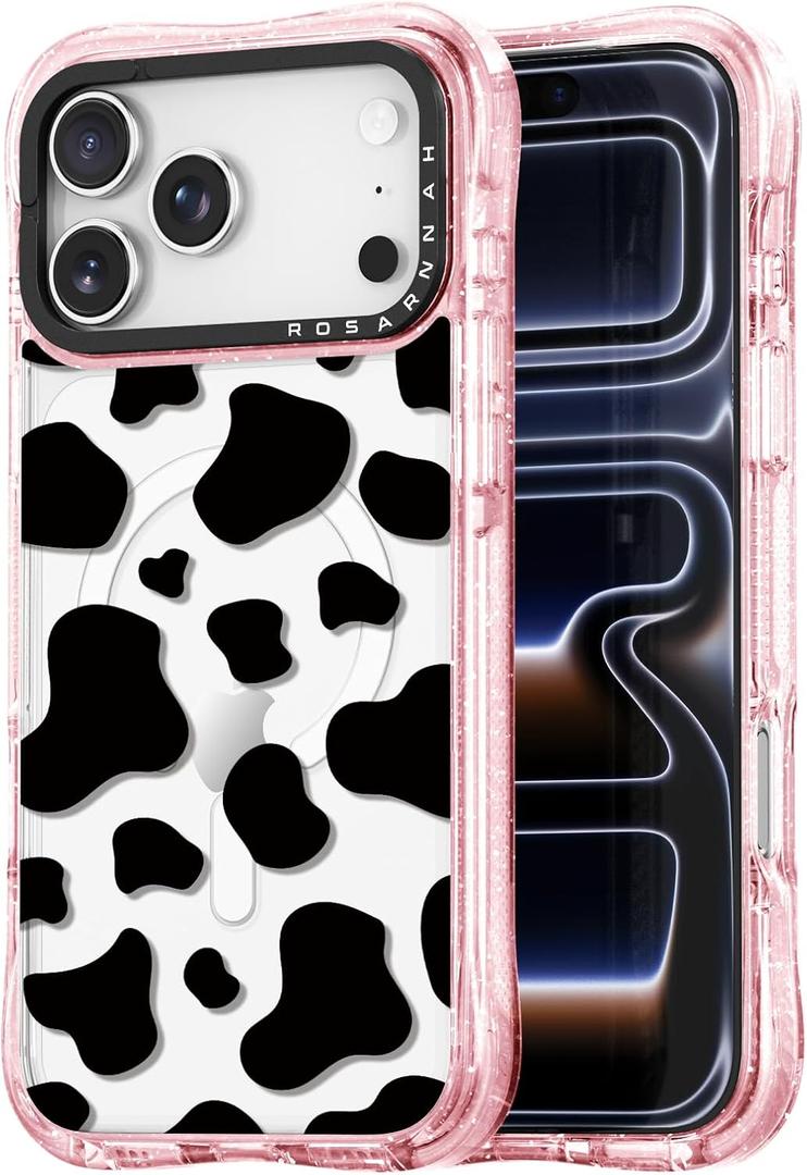 for iPhone 17 Pro Case Cute - Compatible with Magsafe - Military-Grade 20 ft Drop Protection Shockproof Phone Case - Funny Milk Cow Print Design (6.3") Glitter Pink