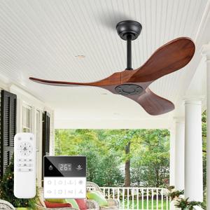 42 Inch Small Wooden Ceiling Fan Without Lights, 3 Blade Propeller, Remote Control, Walnut Finish, Indoor/Outdoor, Living Room, Bedroom, Porch, Farmhouse