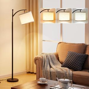 Ambimall 60" Floor Lamps for Living Room with 3 Color Temperatures Bulb & Adjustable Linen Shade, Tall Lamp for Living Room Bedroom Office Classroom Dorm Room(9W Bulb Included) (Beige & Black)