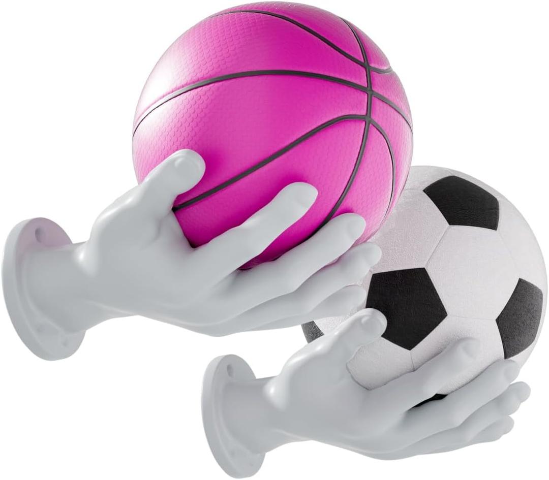 Wall Mount Basketball Holder,2PCS Handshape Ball Holder Football Wall Mount Hand Hanger for Basketball Football Soccer Baseball Shoes Gaming Headphone Room Decor Art Gifts for Boys Men Player- White