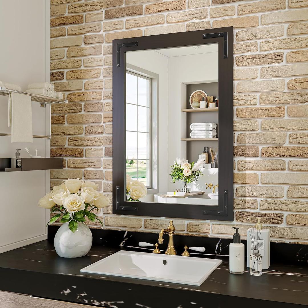 Black Farmhouse Bathroom Mirror, 18x26 Inch Black Wooded Framed Vanity Mirror for Wall, Rectangular Rustic Wall Decor Mirrors for Entryway Living Room Bedroom