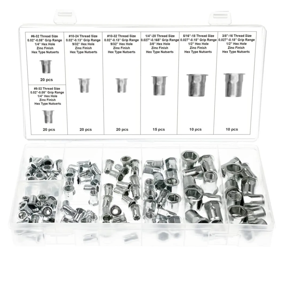 Swordfish 32700 - American Standard SAE Hex Type Thin Sheet Nut-Insert Nutsert Rivnut Assortment, Package of 115 Pieces, Size: #6#8#10 1/4 5/16 3/8 missing 3