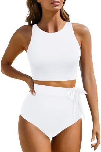 Aqua Eve Women High Waisted Bikini Set Racerback Swimsuit Two Piece Bathing Suit High Neck Swimwear, Size Medium
